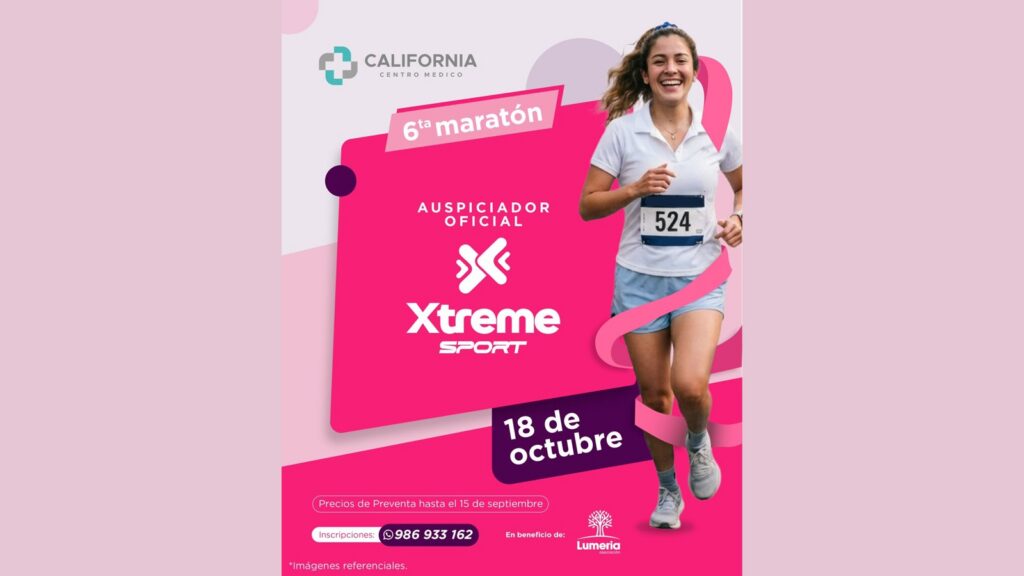 Cartel de la 6.ª maratón del Centro Médico California, el 18 de octubre, con Xtreme Sport como auspiciador oficial