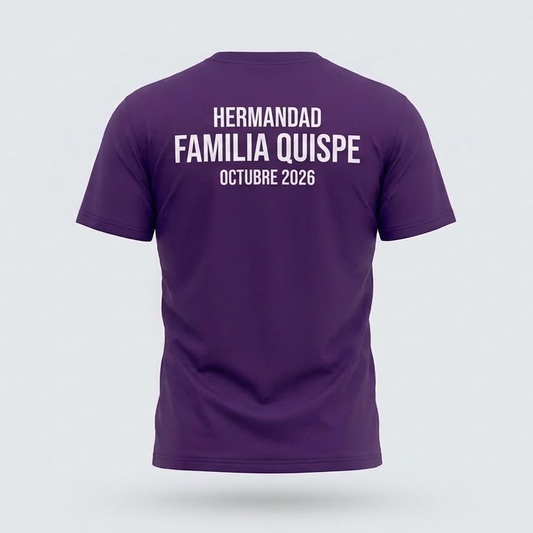 Espalda del polo morado del Señor de los Milagros con el texto Hermandad Familia Quispe, octubre 2026