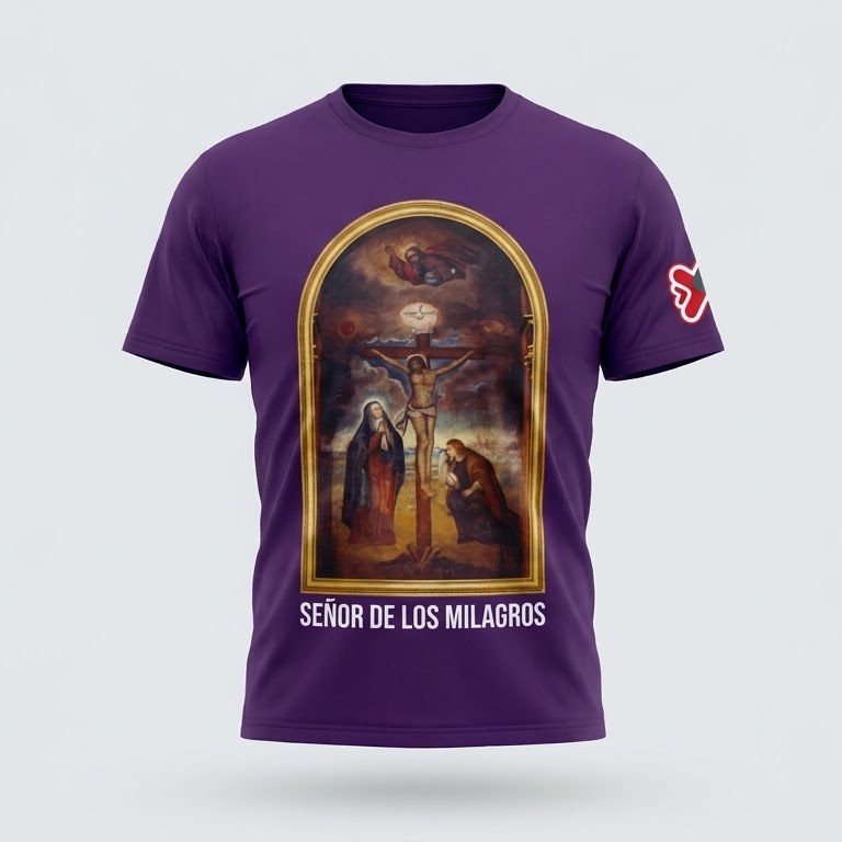 Polo morado con la imagen del Señor de los Milagros estampada a todo color, visto de frente