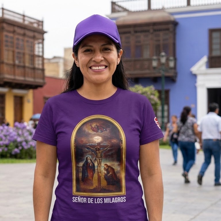 Mujer en una plaza de Trujillo con el polo morado del Señor de los Milagros y gorra morada