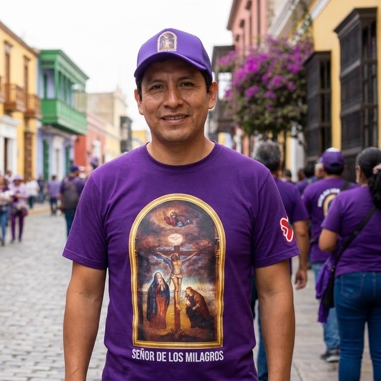 Hombre en la procesión del Señor de los Milagros en Trujillo con el polo morado y la gorra a juego
