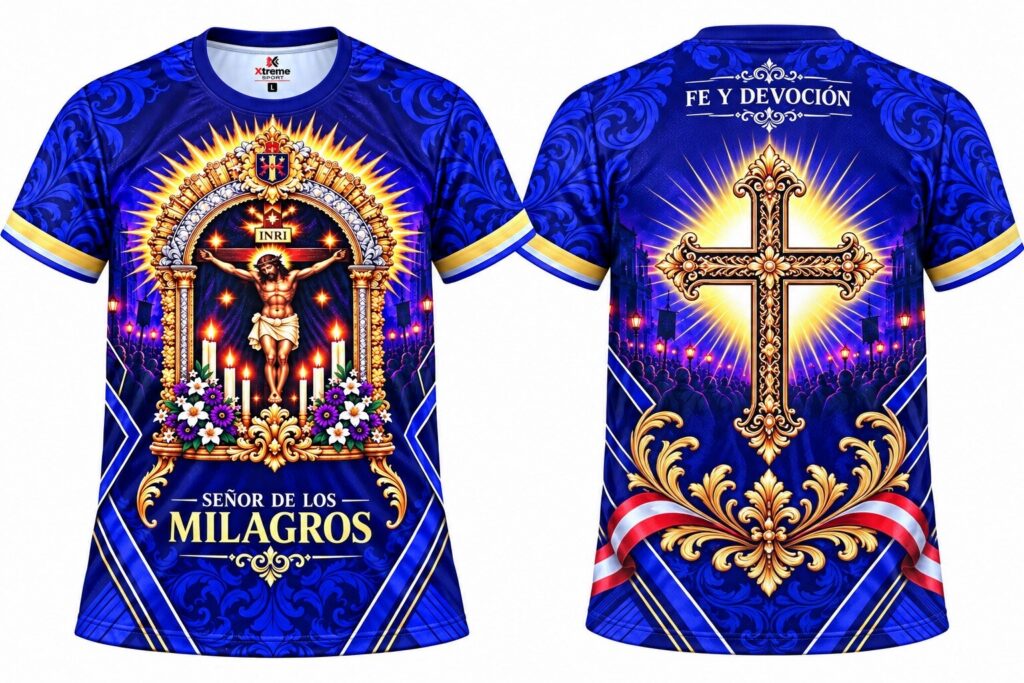 Polo sublimado del Señor de los Milagros visto de frente y de espalda: la imagen en su anda dorada y, detrás, la cruz con la frase «Fe y devoción»