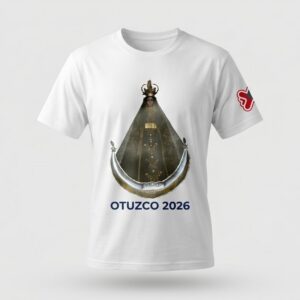 Polo blanco con la Virgen de la Puerta estampada a todo color y el texto Otuzco 2026