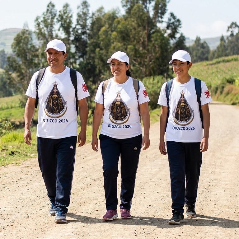 Tres peregrinos camino de Otuzco con el polo blanco de la Virgen de la Puerta y gorras blancas