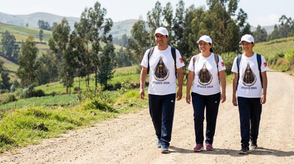 Tres peregrinos camino de Otuzco con polos blancos de la Virgen de la Puerta y gorras iguales
