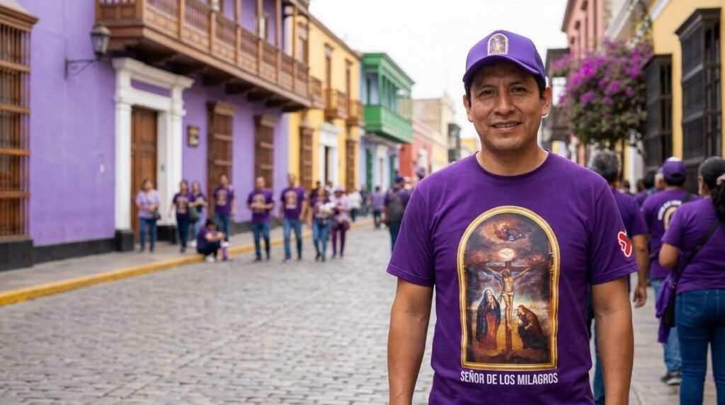 Devoto con el polo morado del Señor de los Milagros en la procesión, en una calle colonial de Trujillo
