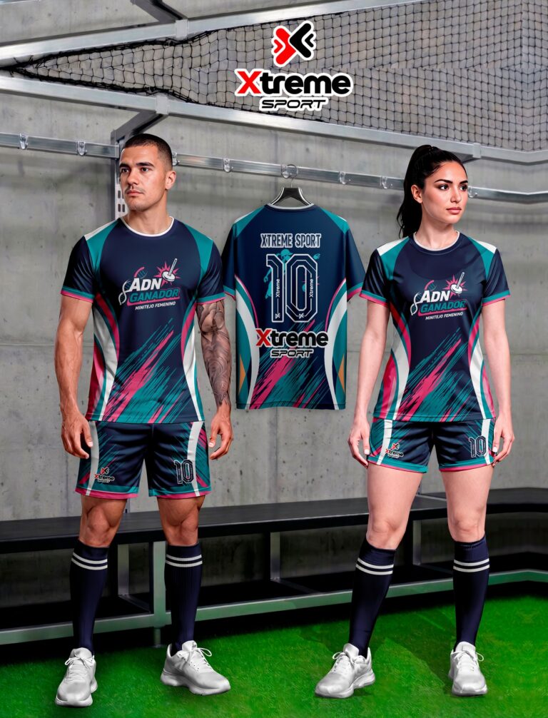 Hombre y mujer con el uniforme sublimado azul marino, turquesa y rosado del equipo ADN Ganador