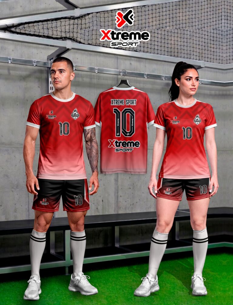 Hombre y mujer con el uniforme sublimado rojo degradado con zigzag y cuello blanco